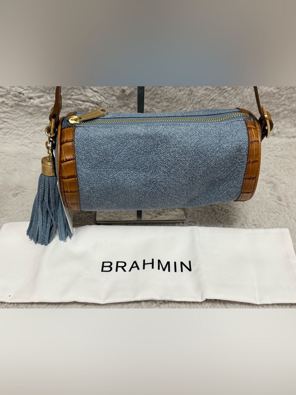 Brahmin Billie Denim Starlit Blue and Tan Genuine Leather Bag NWT